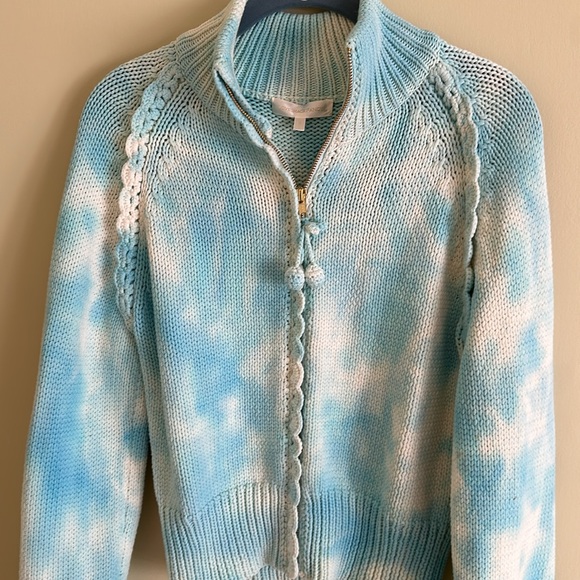 Loveshackfancy Florrie Zip Up Jacket - Soft Aqua Hand DyeTiedye Cardigan Sweater - Picture 7 of 16